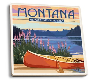 Coaster Set, Glacier National Park, Montana, Canoe and Lake, Cork Back, Absorbent Ceramic, Unique Matching Art