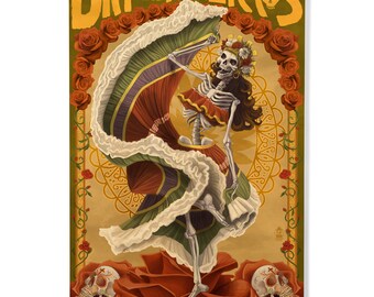 Birch Wood, Skeleton Dancing, Day of the Dead, Sustainable Sign or Postcards, Ready to Hang Art