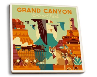 Coaster Set, Grand Canyon National Park, Arizona, Geometric National Park Series, Cork Back, Absorbent Ceramic, Unique Matching Art