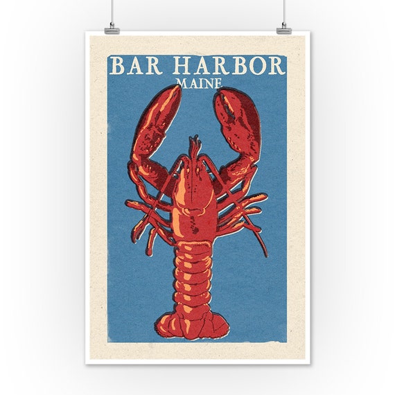 Bar Harbor Maine Lobster Woodblock 6 Sizes Art Prints | Etsy