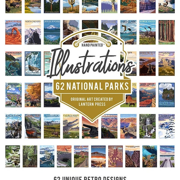 Postcards, National Park Set Bryce Canyon, Theodore Roosevelt, Kenai Fjords, 62 Different Original Illustrated 4x6 Postcards, Lantern Press