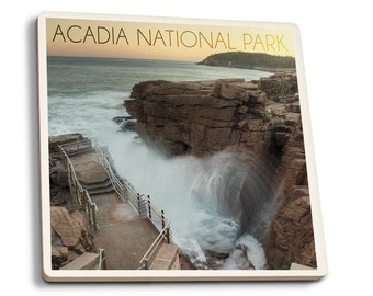 Coaster Set, Acadia National Park, Maine, Thunder Hole, Lantern Press Photography, Cork Back, Absorbent Ceramic, Unique Matching Art