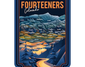 Sticker,  Colorado, Fourteeners, Mountain Range and Names, , Vinyl Die Cut, Waterproof Outdoor Use