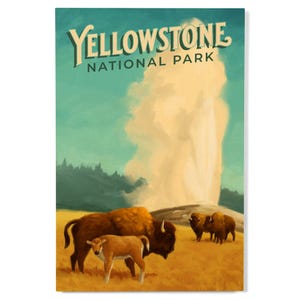 Bosque de abedules, Parque Nacional de Yellowstone, Old Faithful y bisonte, pintura al óleo, obra de arte, letrero o postal sostenible, arte listo para colgar