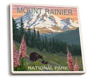 Coaster Set, Mount Rainier National Park, Washington, Bear and Spring Flowers, Cork Back, Absorbent Ceramic, Unique Matching Art