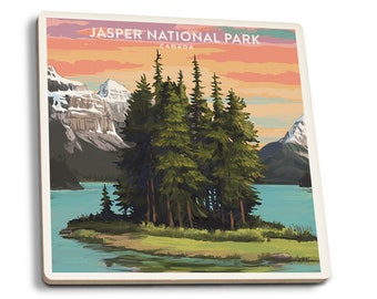 Coaster Set, Jasper National Park, Canada, Cork Back, Absorbent Ceramic, Unique Matching Art