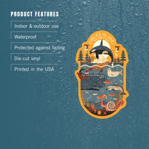 May include: A yellow and blue sticker with an illustration of orcas, a mountain, and other marine life. The sticker says "Orcas Island Washington".