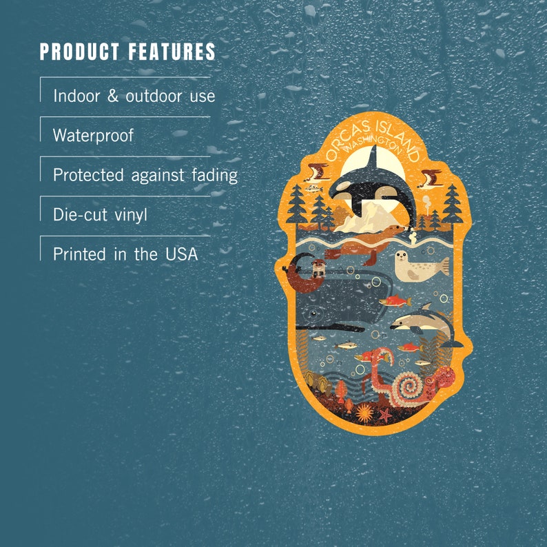 May include: A yellow and blue sticker with an illustration of orcas, a mountain, and other marine life. The sticker says "Orcas Island Washington".