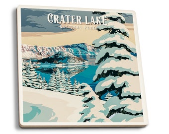 Coaster Set, Crater Lake National Park, Oregon, Winter, Painterly National Park Series, Cork Back, Absorbent Ceramic, Unique Matching Art