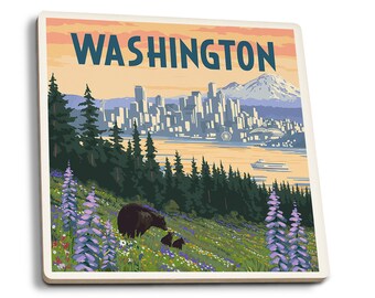 Coaster Set, Seattle, Washington, Bear and Spring Flowers, Cork Back, Absorbent Ceramic, Unique Matching Art