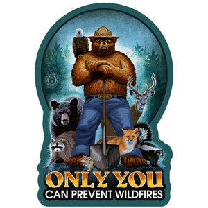 May include: A die-cut sticker featuring Smokey Bear, holding a shovel, surrounded by forest animals. An eagle perches on his shoulder. The text "ONLY YOU CAN PREVENT WILDFIRES" is at the bottom, with a forest background.