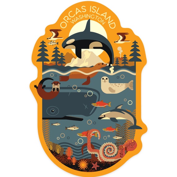 Sticker, Orcas Island, Washington, Marine Animals, Geometric, Contour, Lantern Press Artwork, Vinyl Die Cut Decal, Waterproof Outdoor Use