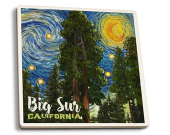 Coaster Set, Big Sur, California, Starry Night National Park Series, Cork Back, Absorbent Ceramic, Unique Matching Art