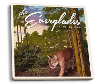 Coaster Set, Everglades National Park, Florida, Panther and Pinelands, Painterly Series, Cork Back, Absorbent Ceramic, Unique Matching Art