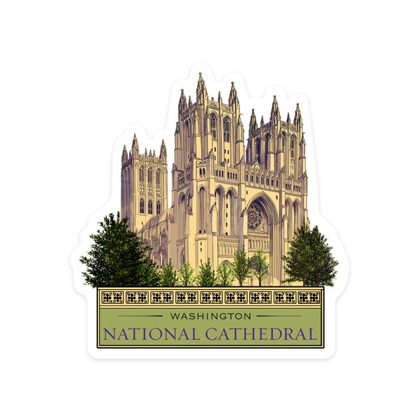 Sticker, Washington, DC, National Cathedral, Contour, Lantern Press Artwork, Vinyl Die Cut Decal, Waterproof Outdoor Use