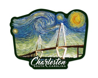 Sticker,  Charleston, South Carolina, Bridge, Starry Night, , Vinyl Die Cut, Waterproof Outdoor Use