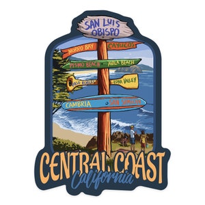 Sticker, San Luis Obispo, California, Central Coast, Destination Signpost, Artwork, Vinyl Die Cut Decal, Waterproof Outdoor Use
