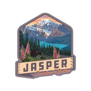 Sticker, Jasper, Canada, Canadian Rockies, Bear & Spring Flowers, Lantern Press Artwork, Vinyl Die Cut Decal, Waterproof Outdoor Use