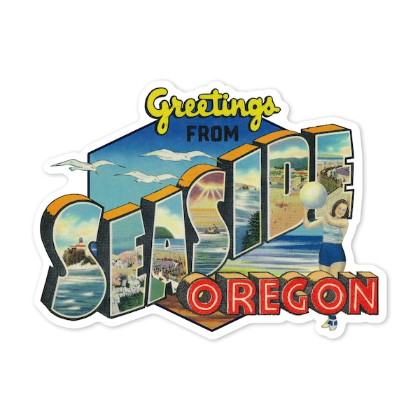 Sticker,  Greetings from Seaside, Oregon, Big Letters, Vintage Postcard, Contour , Vinyl Die Cut, Waterproof Outdoor Use