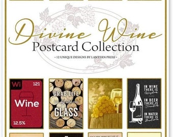 Postcards, Wine Themed Collection Set, 12 Different Original Hand Illustrated 4x6 Postcards by Lantern Press