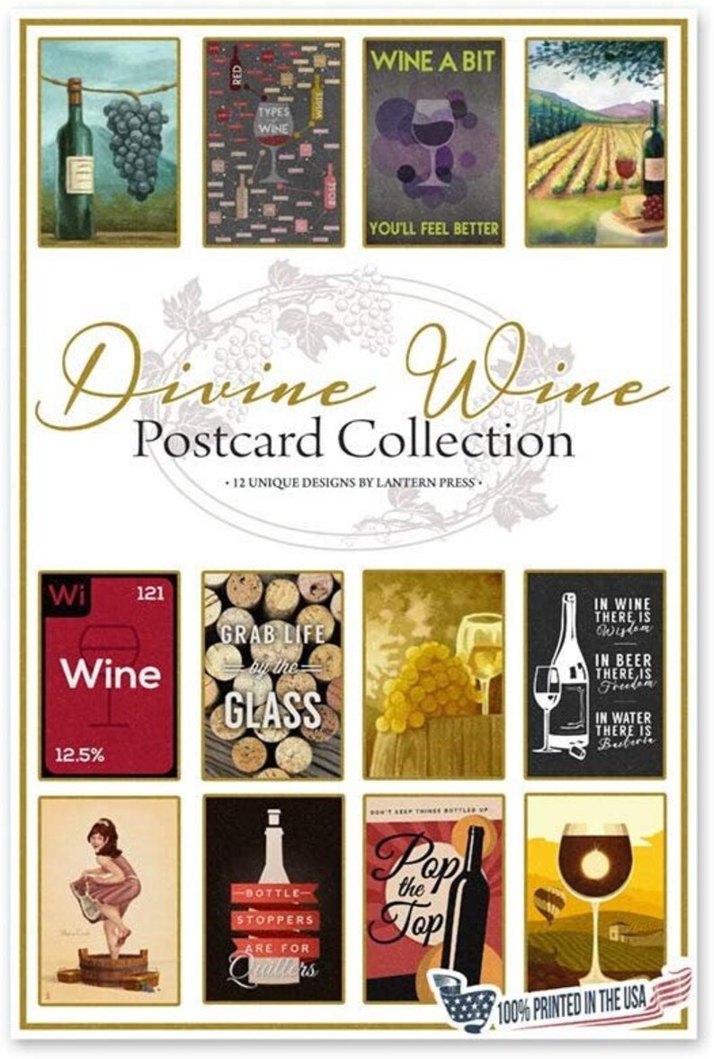 Postcards, Wine Themed Collection Set, 12 Different Original Hand Illustrated 4x6 Postcards by Lantern Press zdjęcie 1