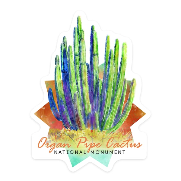 Sticker, Organ Pipe Cactus National Monument, Arizona, Cactus, Watercolor, Lantern Press Artwork, Vinyl Decal, Waterproof Outdoor Use