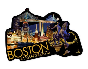 Sticker,  Boston, Massachusetts, Skyline at Night, Contour , Vinyl Die Cut, Waterproof Outdoor Use