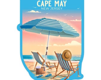 Sticker,  Cape May, New Jersey, Lithograph, Beach Chair and Umbrella, Contour , Vinyl Die Cut, Waterproof Outdoor Use
