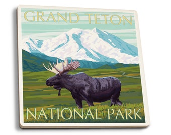 Coaster Set, Grand Teton National Park, Wyoming, Moose and Mountain, Cork Back, Absorbent Ceramic, Unique Matching Art