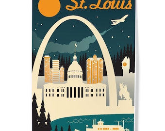 May include: A retro-style illustration of the St. Louis skyline at night. The iconic Gateway Arch is prominent, with the Old Courthouse and other buildings visible. A steamboat is in the foreground, and a yellow moon is in the sky.