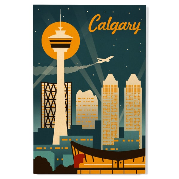 Birch Wood, Calgary, Alberta, Canada, Retro Skyline, Sustainable Sign or Postcards, Ready to Hang Art