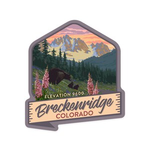 Sticker, Breckenridge, Colorado, Elevation 9600, Bear & Spring Flowers, Lantern Press Artwork, Vinyl Die Cut Decal, Waterproof Outdoor Use