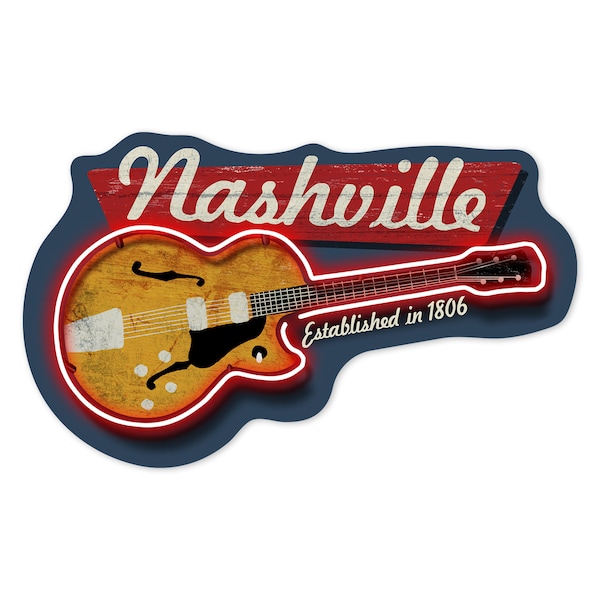 Sticker,  Nashville, Tennessee, Vintage Guitar Sign, Contour , Vinyl Die Cut, Waterproof Outdoor Use