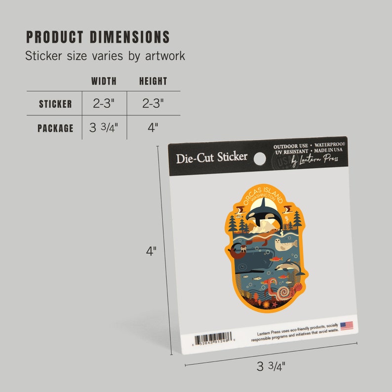 May include: A die-cut sticker featuring an illustration of Orcas Island, Washington. The sticker is 2.5 inches wide and 2.5 inches tall. The sticker is printed on waterproof, UV-resistant material and is made in the USA by Lantern Press.