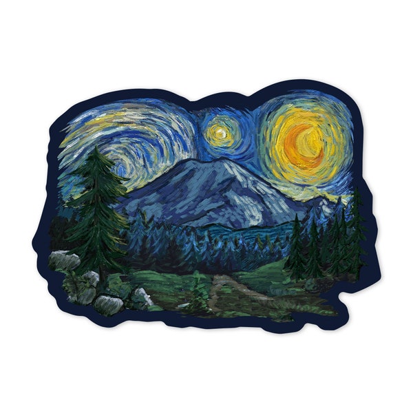 Sticker, Mount Rainier National Park, Washington, Starry Night Series, Lantern Press Artwork, Vinyl Die Cut Decal, Waterproof Outdoor Use