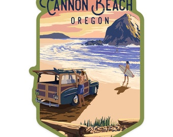 Sticker, Cannon Beach, Oregon, Woody & Haystack Rock, Contour, Lantern Press Artwork, Vinyl Die Cut Decal, Waterproof Outdoor Use