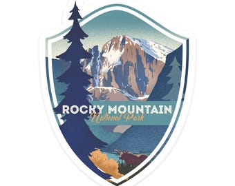 Sticker,  Rocky Mountain National Park, Colorado, Moose and Lake, Lithograph, , Vinyl Die Cut, Waterproof Outdoor Use