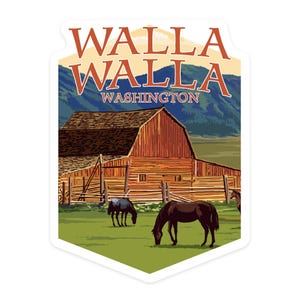 Sticker,  Walla Walla, Washington, Red Barn and Horses, , Vinyl Die Cut, Waterproof Outdoor Use