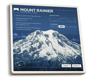 Coaster Set, Mount Rainier National Park, Washington, Aerial Infographic, Lantern Press, Cork Back, Absorbent Ceramic, Unique Matching Art