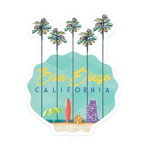Sticker, San Diego, California, Tall Palms Beach Scene, Contour, Lantern Press Artwork, Vinyl Die Cut Decal, Waterproof Outdoor Use