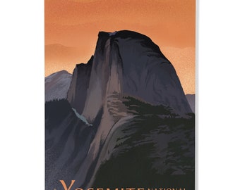 Birch Wood, Yosemite National Park, California, Half Dome Orange Lithograph Lantern Press, Sustainable Sign or Postcards, Ready to Hang Art