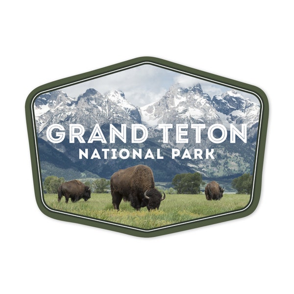 Sticker, Grand Teton National Park, Wyoming, Buffalo & Mountain Scene, Contour, Photography, Vinyl Decal, Waterproof Outdoor Use