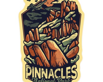 Sticker, Pinnacles National Park, California, Distressed Vector, Contour, Lantern Press Artwork, Vinyl Die Cut Decal, Waterproof Outdoor Use