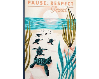 Canvas Art, Courageous Explorer Collection, Turtles on Beach, Pause Respect Protect, Gallery Quality Decor, Hang Ready