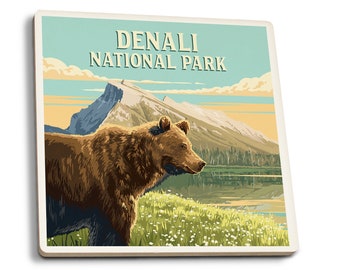Coaster Set, Denali National Park, Painterly, Bear, Cork Back, Absorbent Ceramic, Unique Matching Art