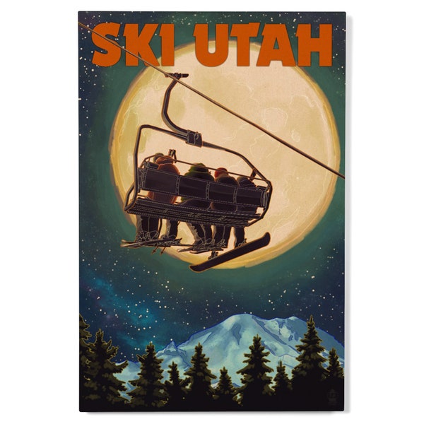 Birch Wood, Ski Utah, Ski Lift and Full Moon, Sustainable Sign or Postcards, Ready to Hang Art