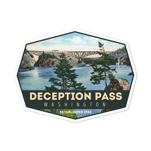 May include: A vintage-style sticker featuring a scenic view of a bridge over a body of water. The sticker has a green border and text that reads "Deception Pass, Washington, Established 1933".