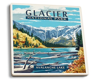 Coaster Set, Glacier National Park, Montana, Avalanche Lake, Lantern Press Artwork, Cork Back, Absorbent Ceramic, Unique Matching Art