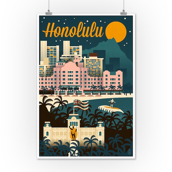Honolulu Hawaii Retro Skyline 6 Sizes Art Prints Giclee Etsy