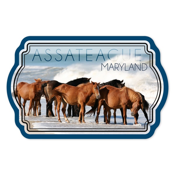 Sticker, Assateague, Maryland, Horses on Beach, Contour, Lantern Press Photography, Vinyl Die Cut Decal, Waterproof Outdoor Use